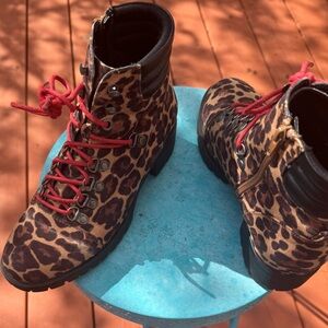 Leopard Print Women's Boots with Red Laces